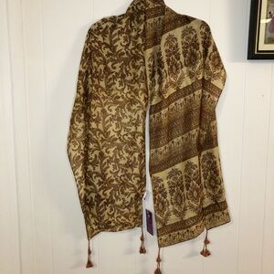 Sevya Handmade NWT Silk Paisley & Floral Brown Shawl Scarf with Tassels